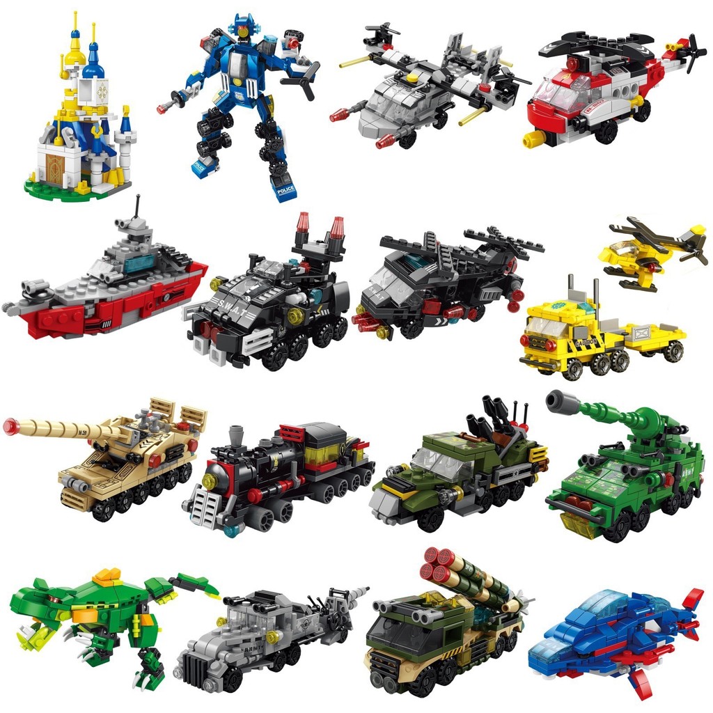 Lego Set City - 6 in 1都市工事車両警察トラックメカ恐竜ビルディングブロック戦車ヘリコプターブロック消防セットおもちゃ子供向け