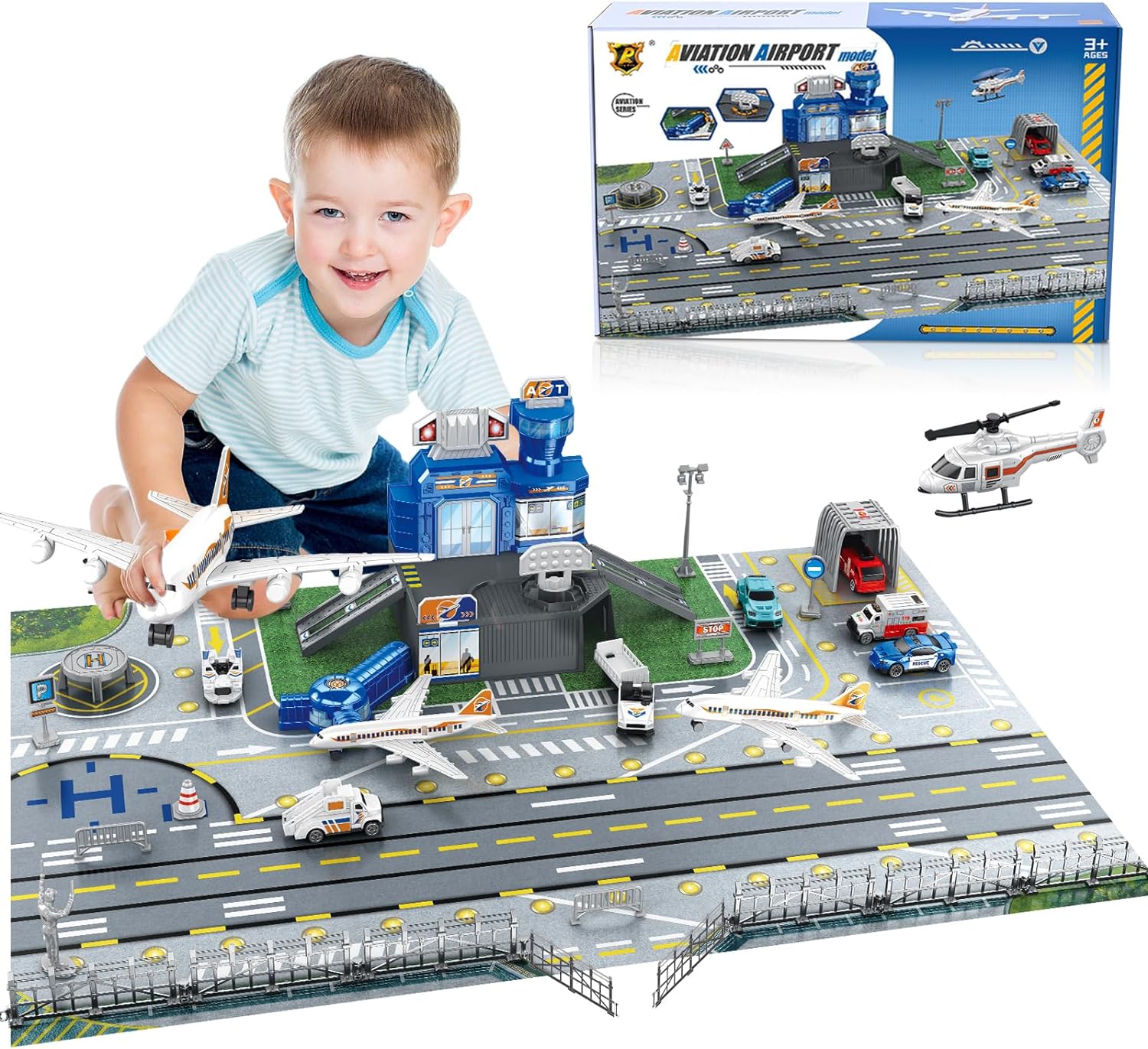 子供用空港シーンおもちゃセット、車、ヘリコプター、飛行機、タ - Model Airplane Plastic のレビューと価格